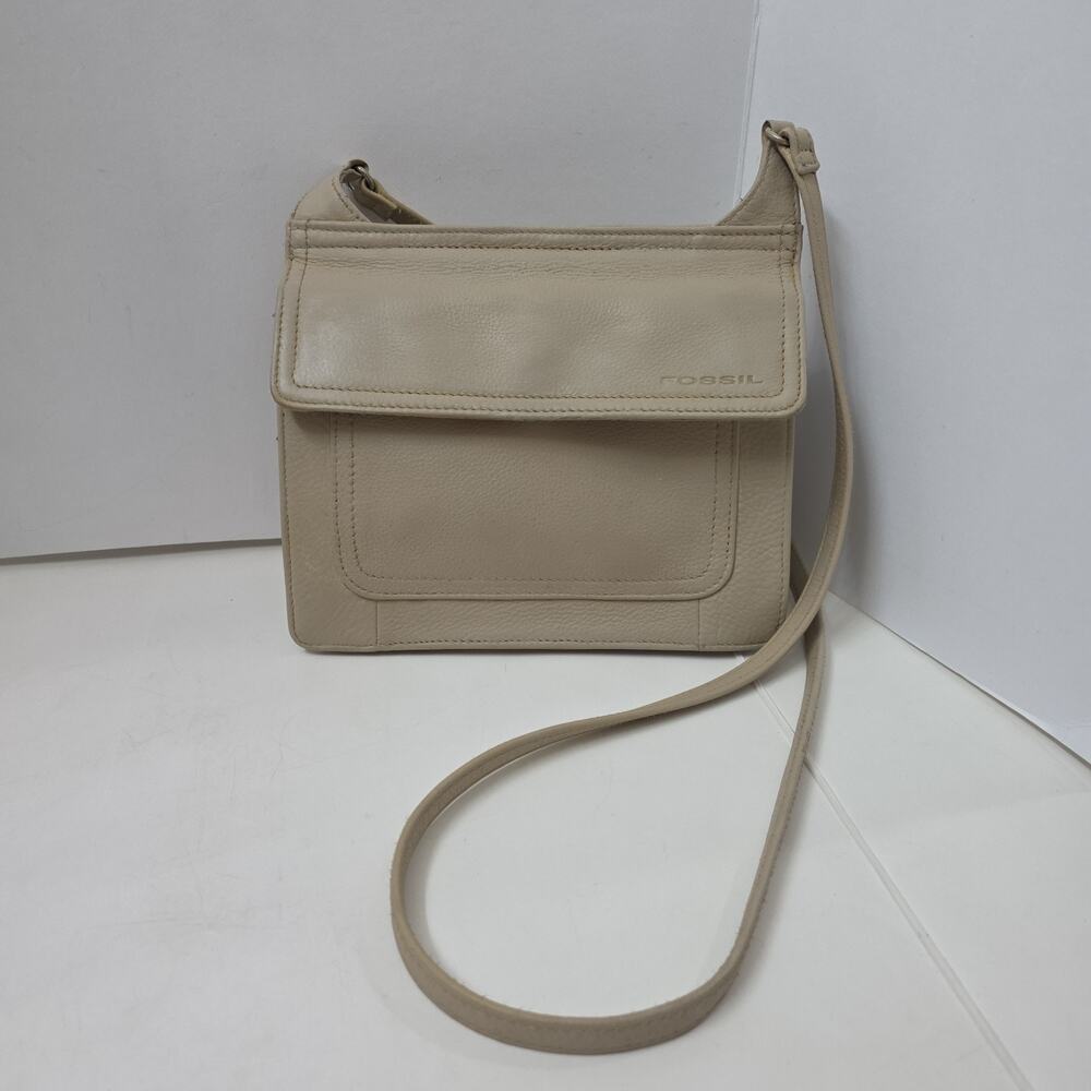 Fossil Tan Leather Crossbody Organizer Bag Neutral Minimalist Everyday Purse - Picture 10 of 13